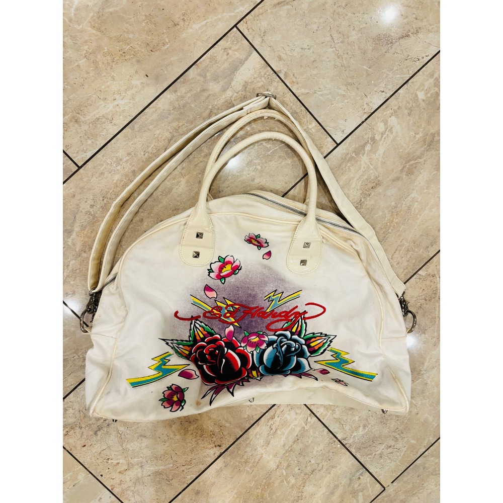 Ed Hardy Christian Audigier Vintage Y2K Canvas Bowling Duffel Bag Cream Tattoo